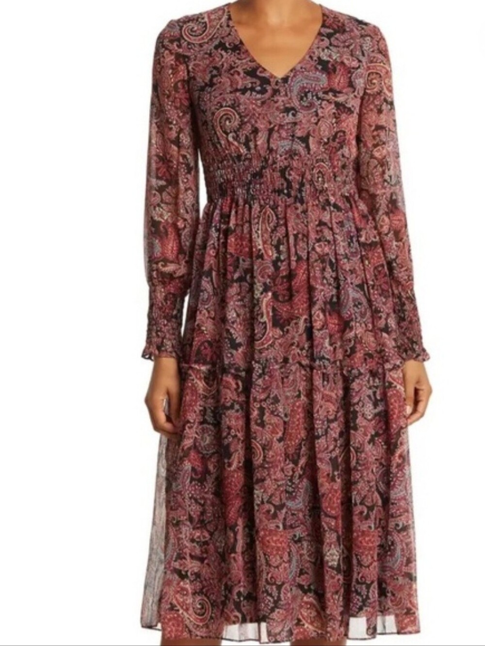 Just Taylor Pink Paisley V-Neck Long Sleeve Prairie Boho Dress New Medium Tiered